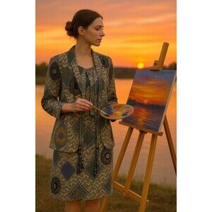 Vintage 90s Dorothy Schoelen Platinum Beaded Tassel Jacket Skirt Set Abstract